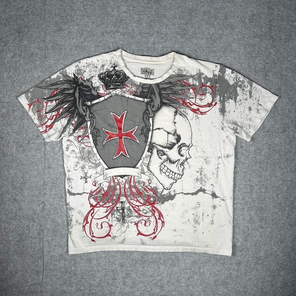 Vintage MMA Elite T-Shirt Mens XL White Y2K Skull Graphic All Over Print Cross
